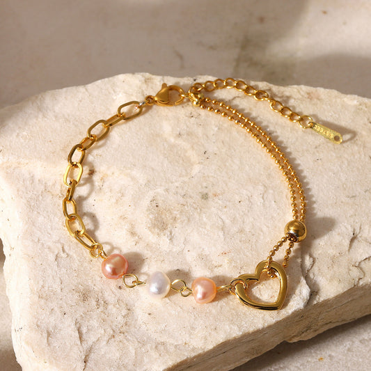Pink & White Pearl Asymmetrical 18K Gold Plated Bracelet