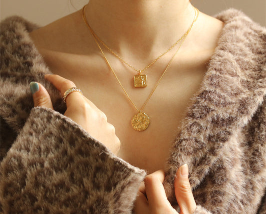 Angel Embossed Square Coin Gold Necklace