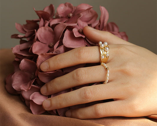 Thick Wavy Pearl Embellished Gold Ring