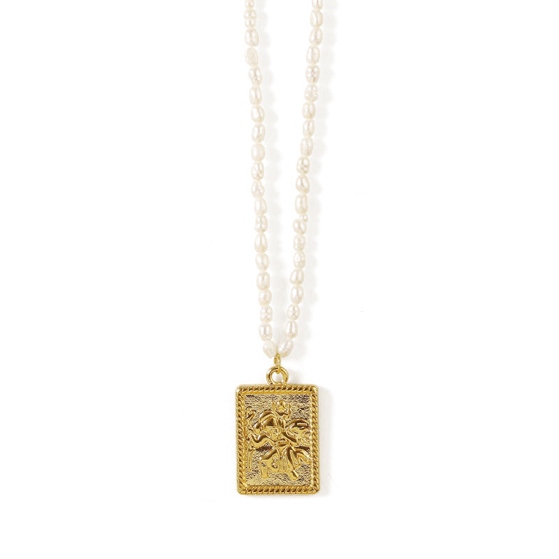 Square Embossed Pendant Pearl Beaded Necklace