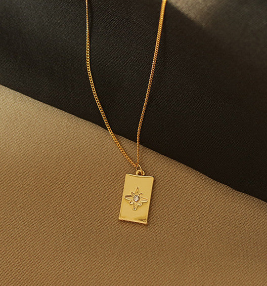 Eight Pointed Star Rectangle Pendant Gold Necklace