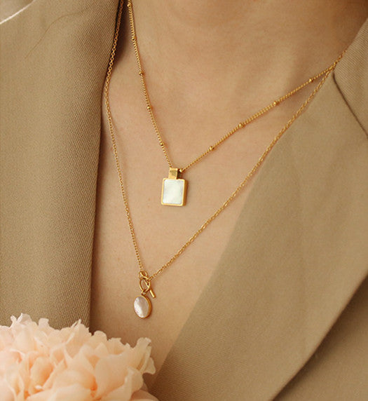 Square White Natural Shell Gold Necklace