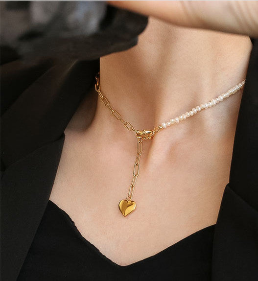 Heart Charm Asymmetrical Chain Pearl Necklace