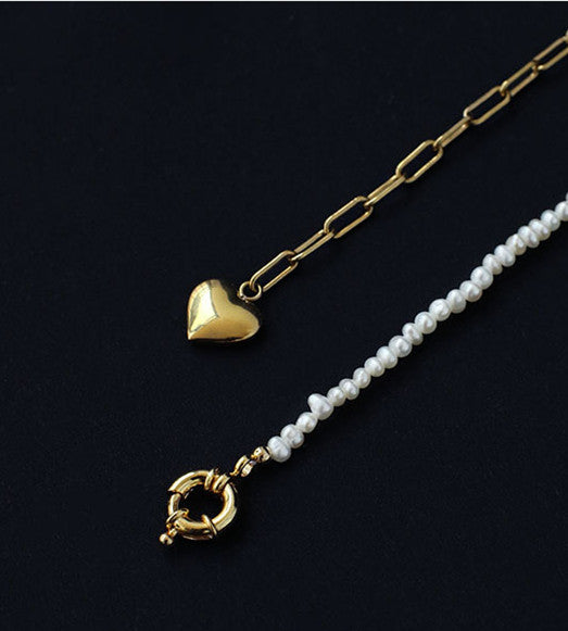 Heart Charm Asymmetrical Chain Pearl Necklace