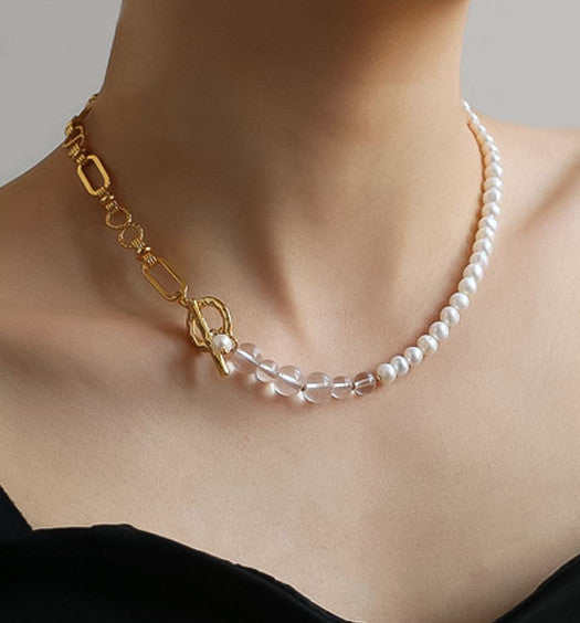 Asymmetrical Chain Pearl Slide-Through Clasp Necklace