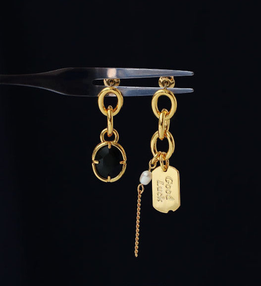 Asymmetrical Black Crystal Chain Earrings