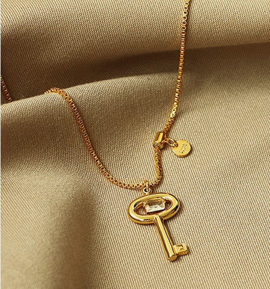 Key Charm with Crystal 18K Gold Plated Necklace