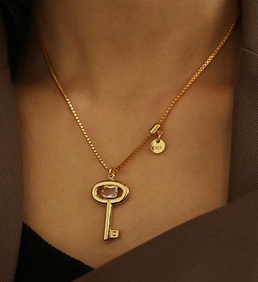 Key Charm with Crystal 18K Gold Plated Necklace