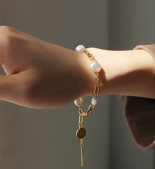 Natural Flat Pearls Gold Chain Bracelet