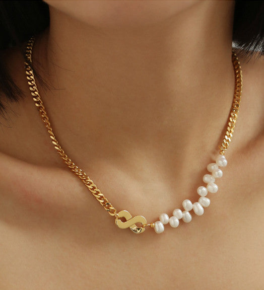 Infinity Charm & Zig Zag Pearls Gold Necklace