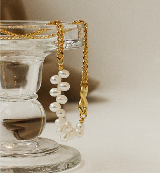 Infinity Charm & Zig Zag Pearls Gold Necklace