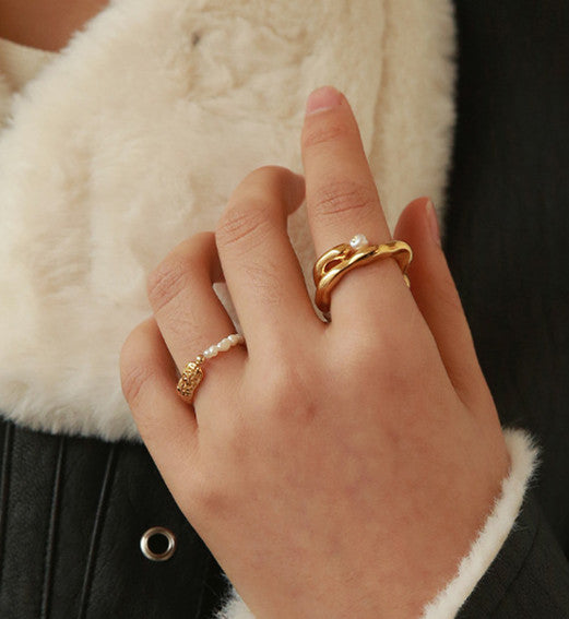 Uneven Double Layered Pearl Gold Ring