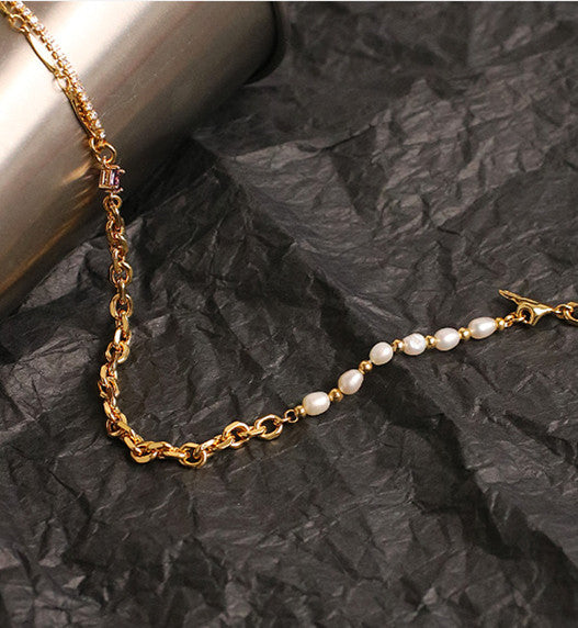 Crystal, Chains, & Pearls Gold Necklace