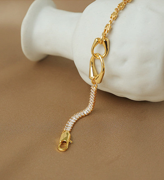 Asymmetrical Chain & Crystal Tennis Gold Bracelet