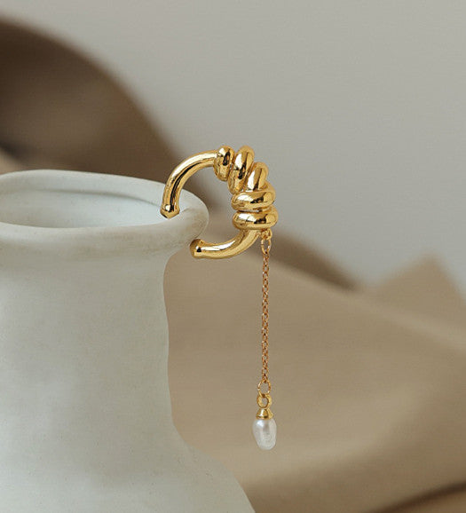 Twist Knot Gold Ear Cuff with Pearl Dangle