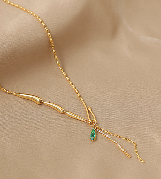 Emerald Crystal Tassels Gold Beaded Necklace