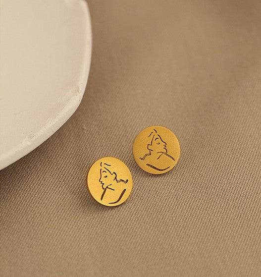 Silhouette Outline Gold Coin Ear Studs