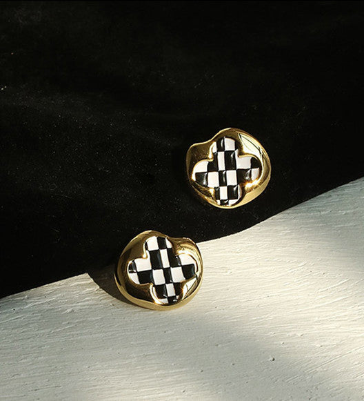 Checkered Clover Circle Stainless Steel Gold Plated Earrings