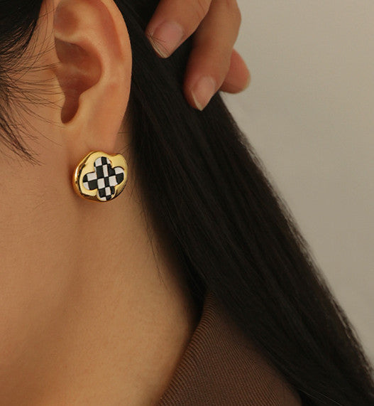 Checkered Clover Circle Stainless Steel Gold Plated Earrings