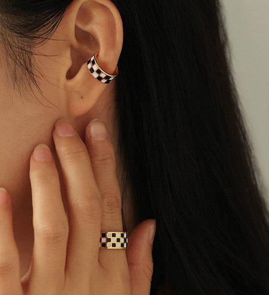 Checkered Stainless Steel Gold Plated Ear Cuff