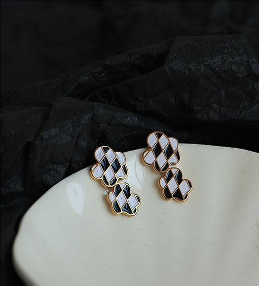 Checkered Double Cloud Stainless Steel Gold Plated Earrings