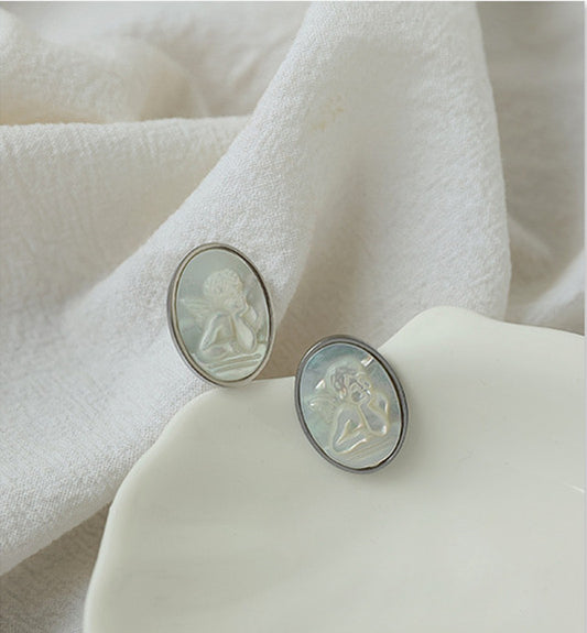 Angel White Iridescent Oval Earrings