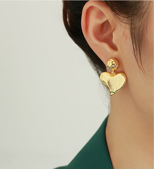Flat Textured Heart Gold Earrings