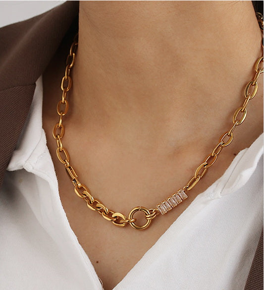 Linked Chains with Small Crystals Gold Necklace