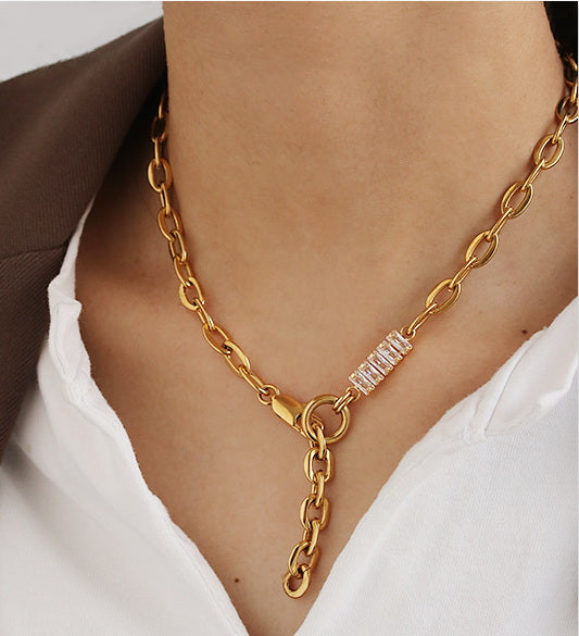 Linked Chains with Small Crystals Gold Necklace