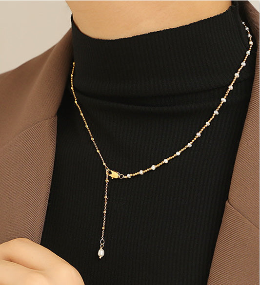 Asymmetrical Mini Pearl & Gold Beaded Necklace