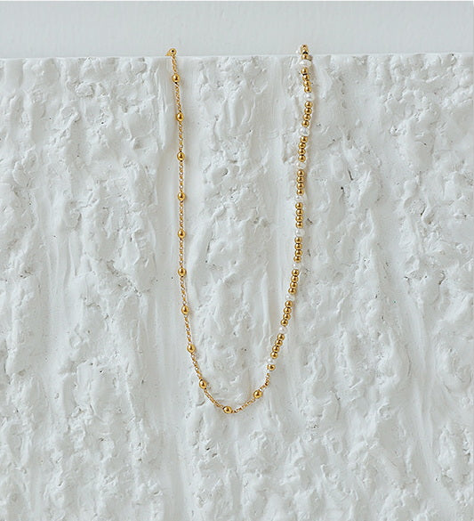 Asymmetrical Mini Pearl & Gold Beaded Necklace