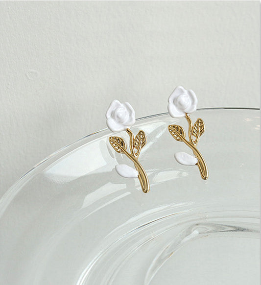 White Rose Gold Leaf Earrings