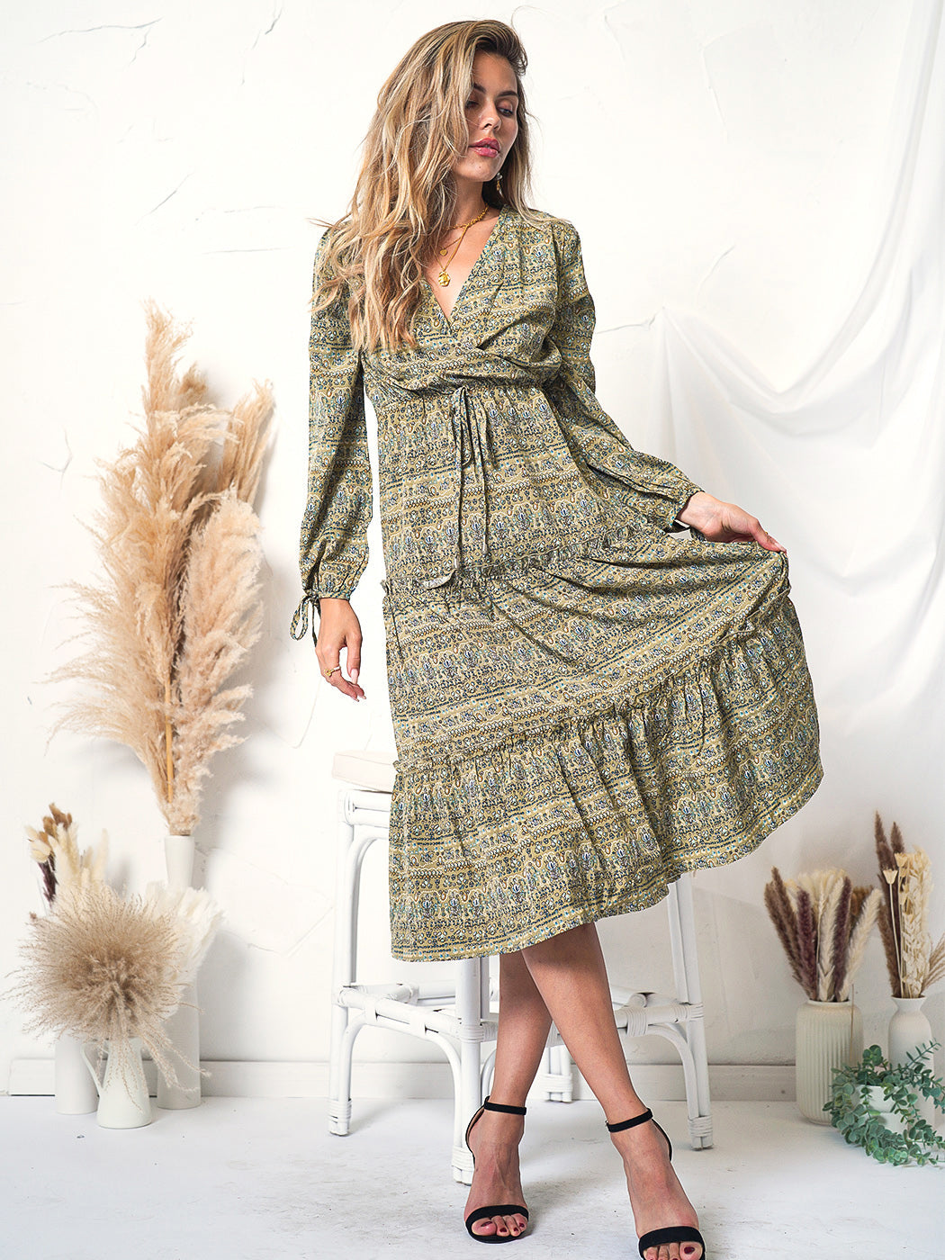 Ruffle Long Sleeve Boho Maxi Dress