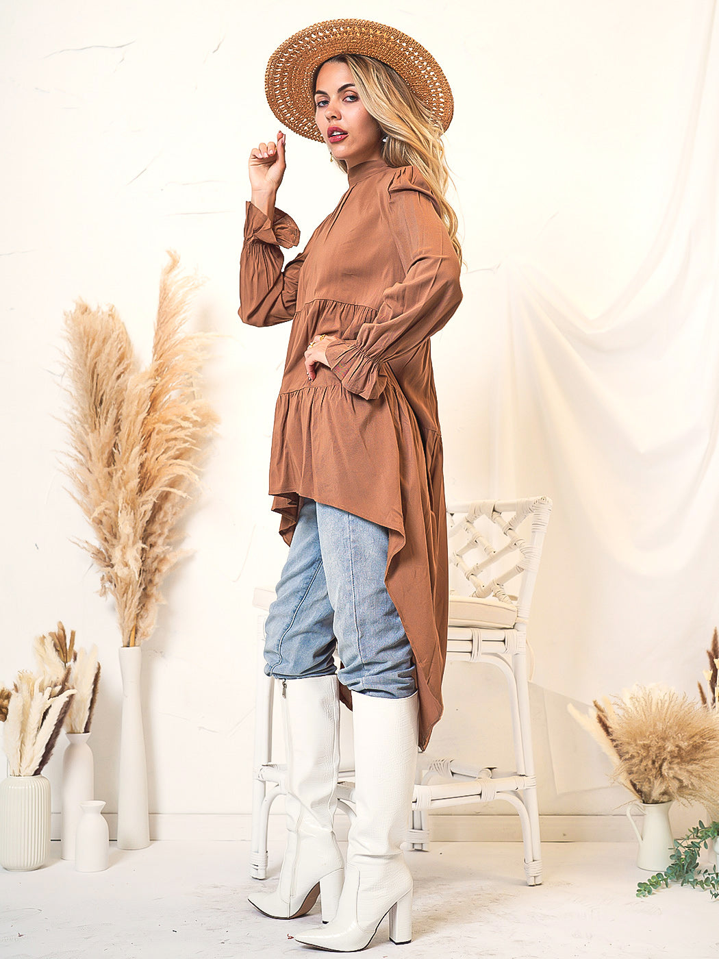 High-Low Ruffle Tiered Long Sleeve