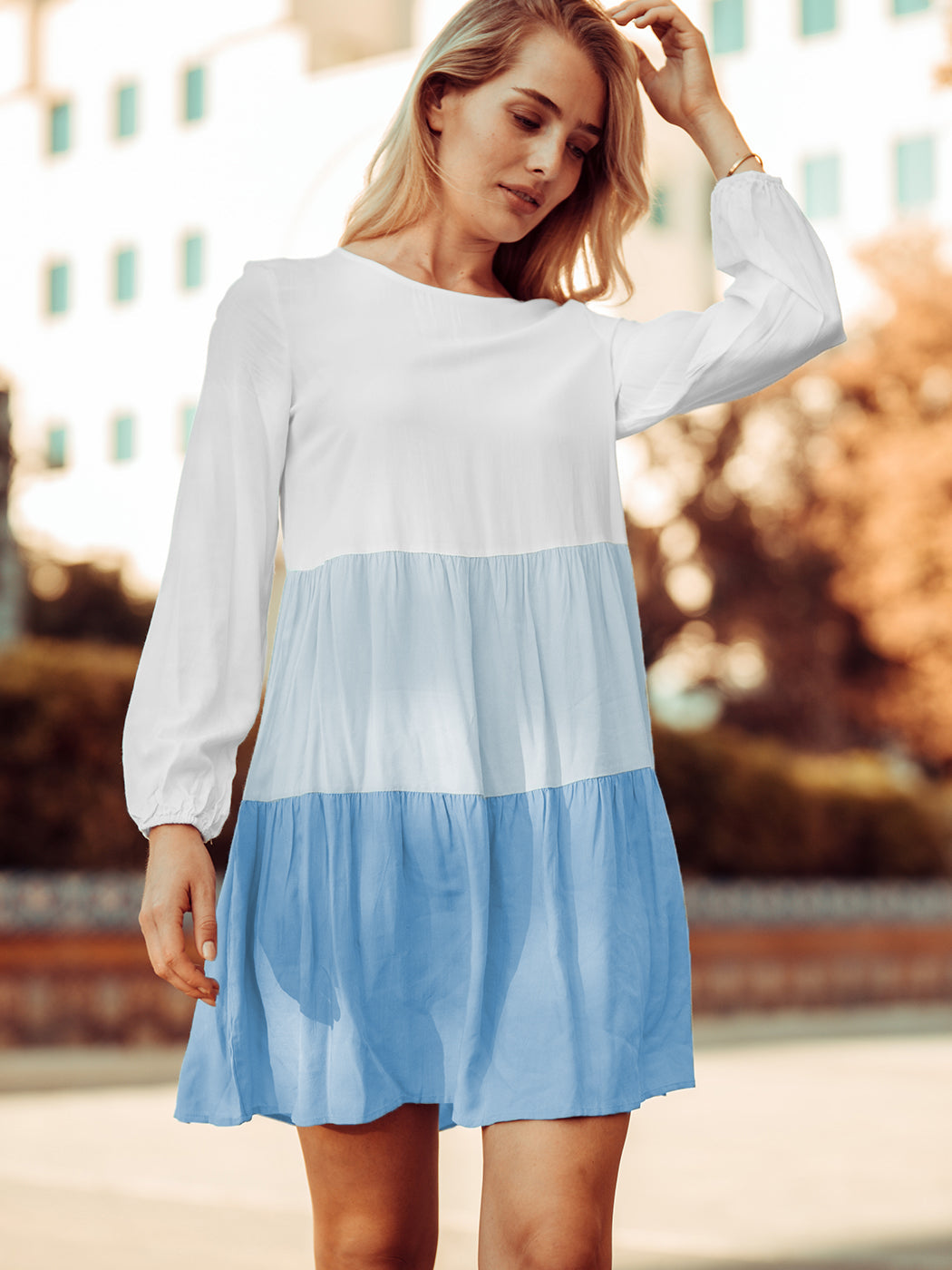 Colored Ruffle Long Sleeve Tunic Dress