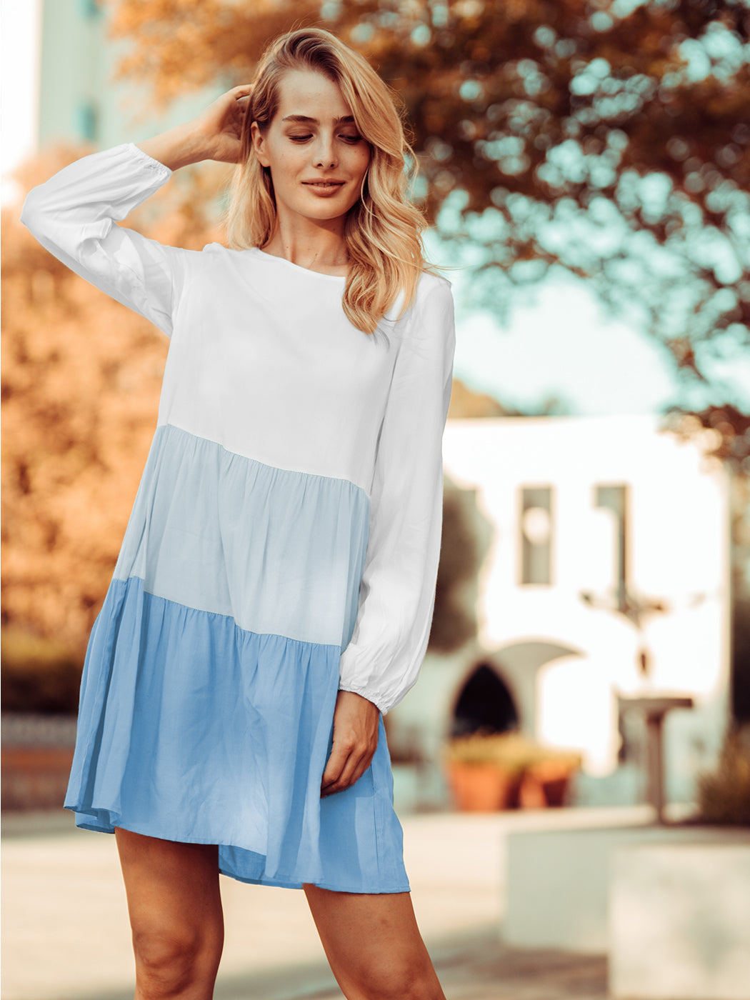 Colored Ruffle Long Sleeve Tunic Dress