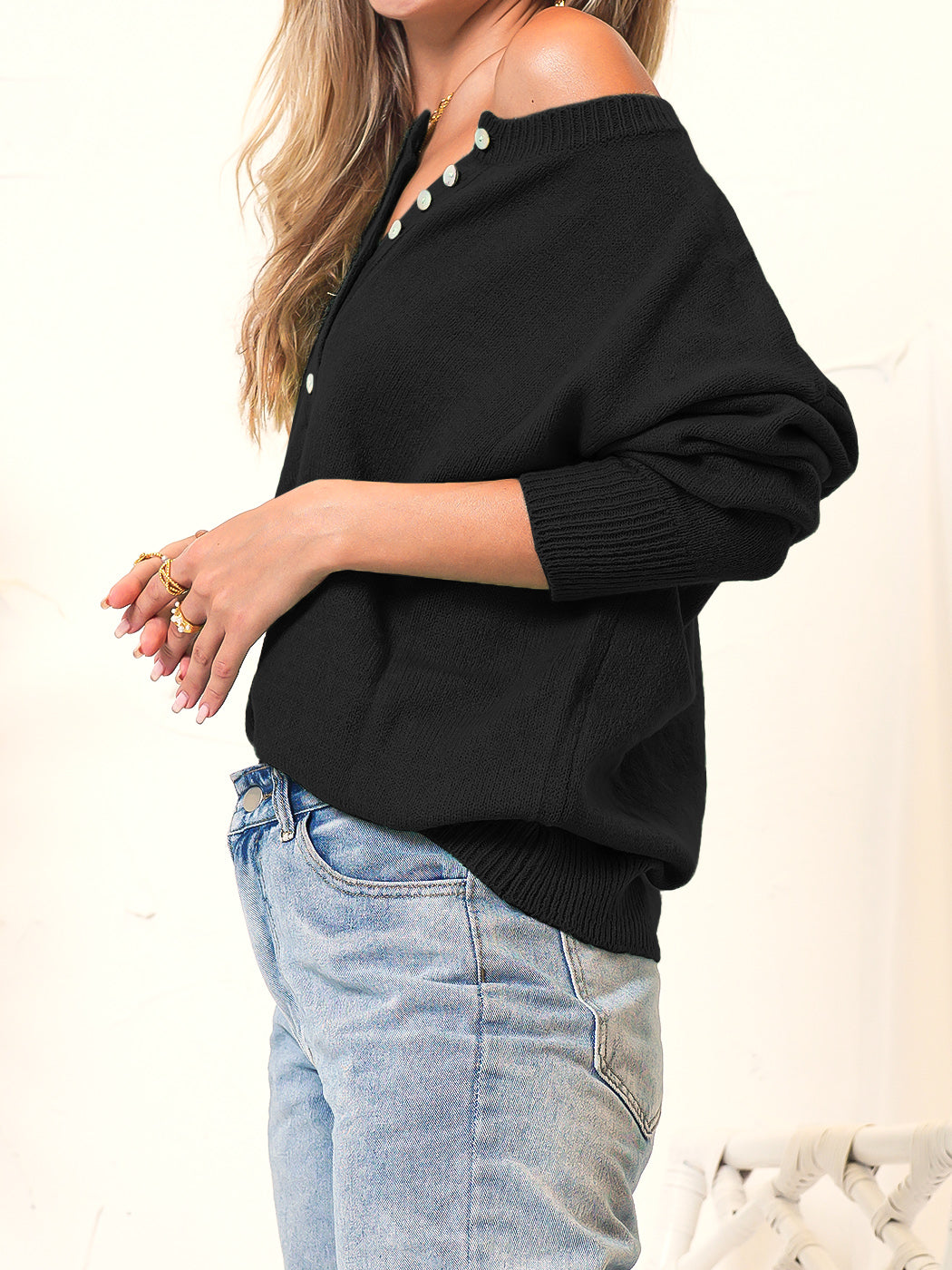 Knitted Henley Button Long Sleeve