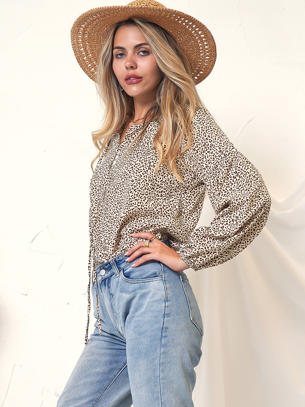 Leopard Print Tie Neck Blouse