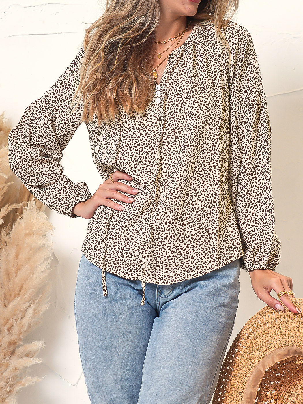 Leopard Print Tie Neck Blouse