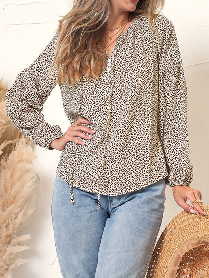 Leopard Print Tie Neck Blouse