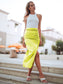 High Rise Drawstring Ruched Leg Slit Midi Skirt