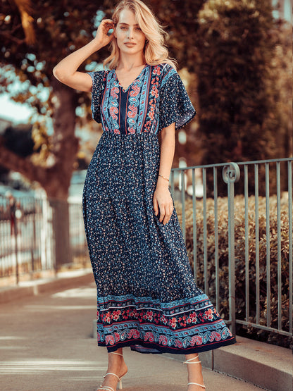 Boho Flared Sleeve Paisley Maxi Dress