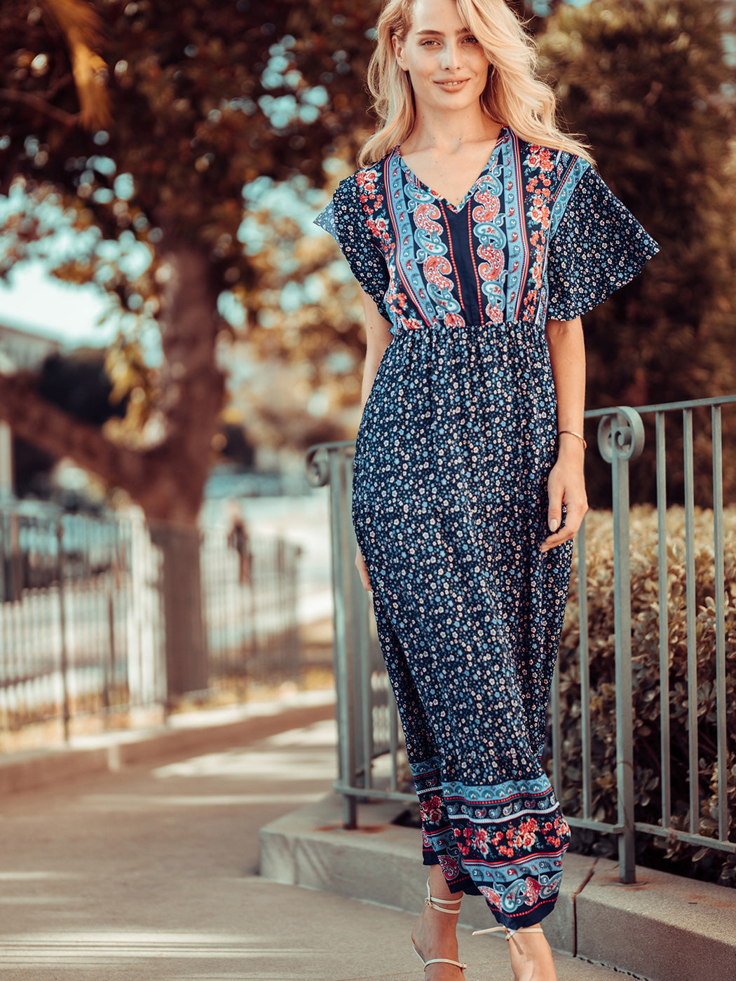 Boho Flared Sleeve Paisley Maxi Dress