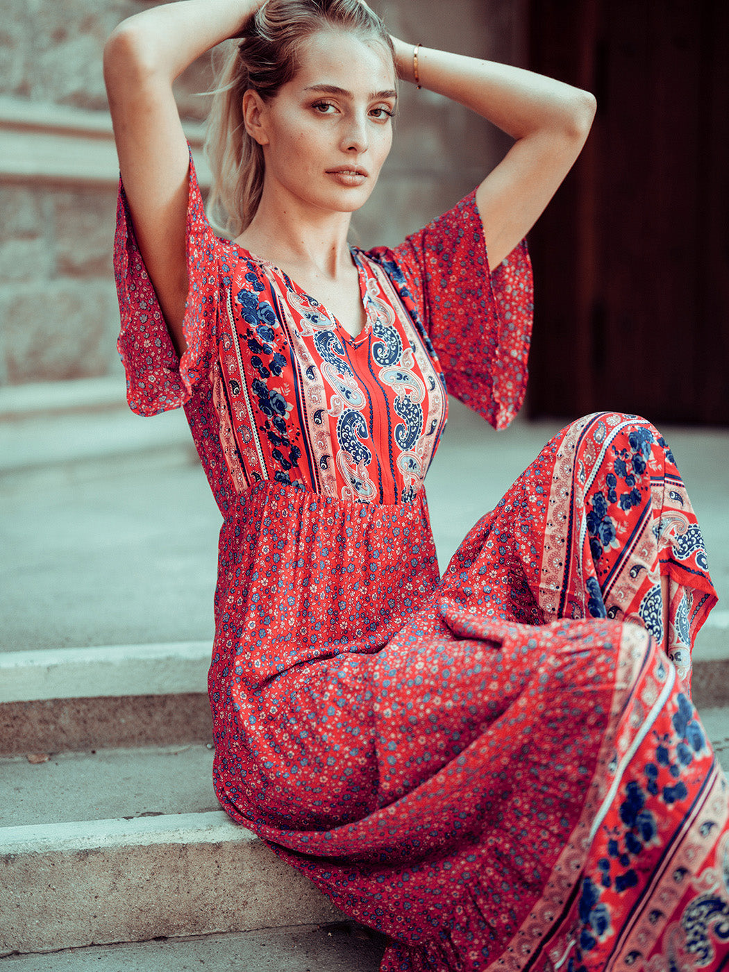 Boho Flared Sleeve Paisley Maxi Dress