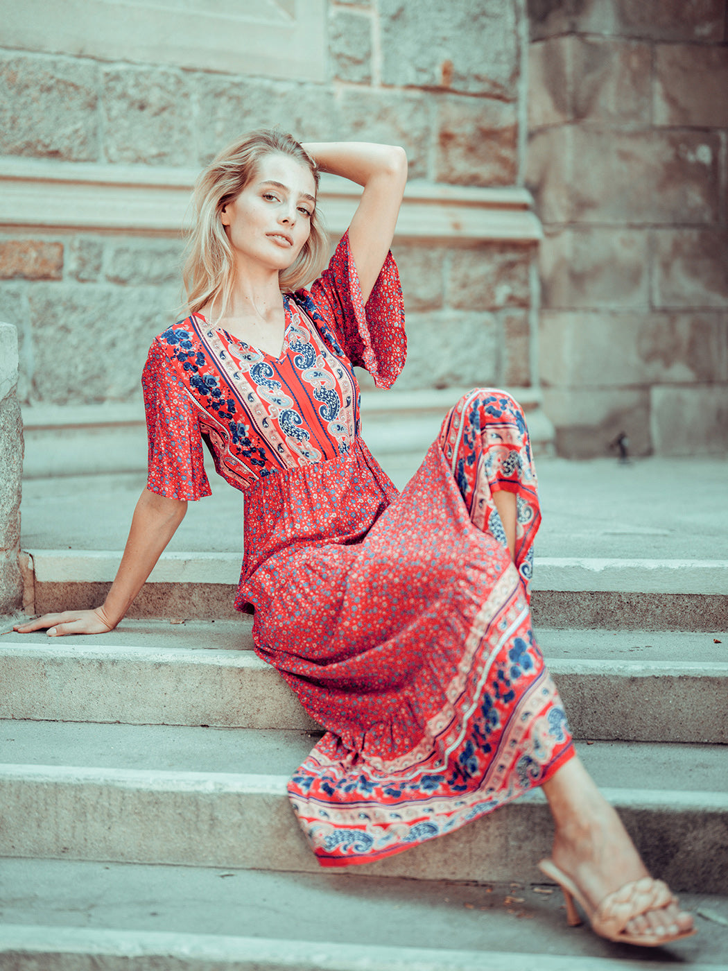 Boho Flared Sleeve Paisley Maxi Dress