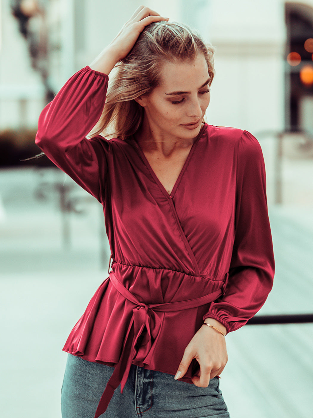 Surplice Long Sleeve Wrap Blouse