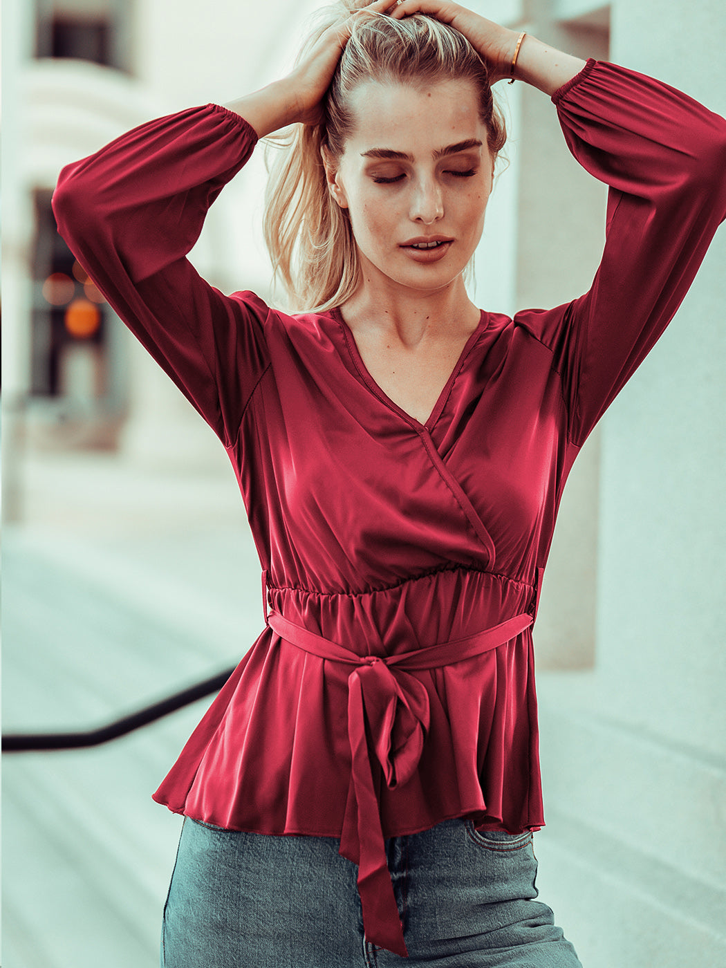 Surplice Long Sleeve Wrap Blouse