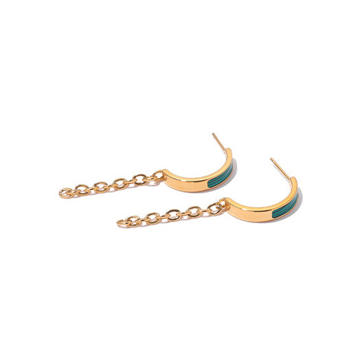 Retro Curve with Chain and Malachite or White Shell Earrings