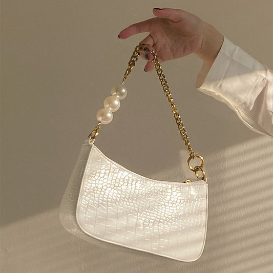 Croc Embossed Shoulder Bag with Pearls & Gold Chain