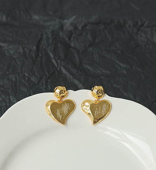 Flat Textured Heart Gold Earrings